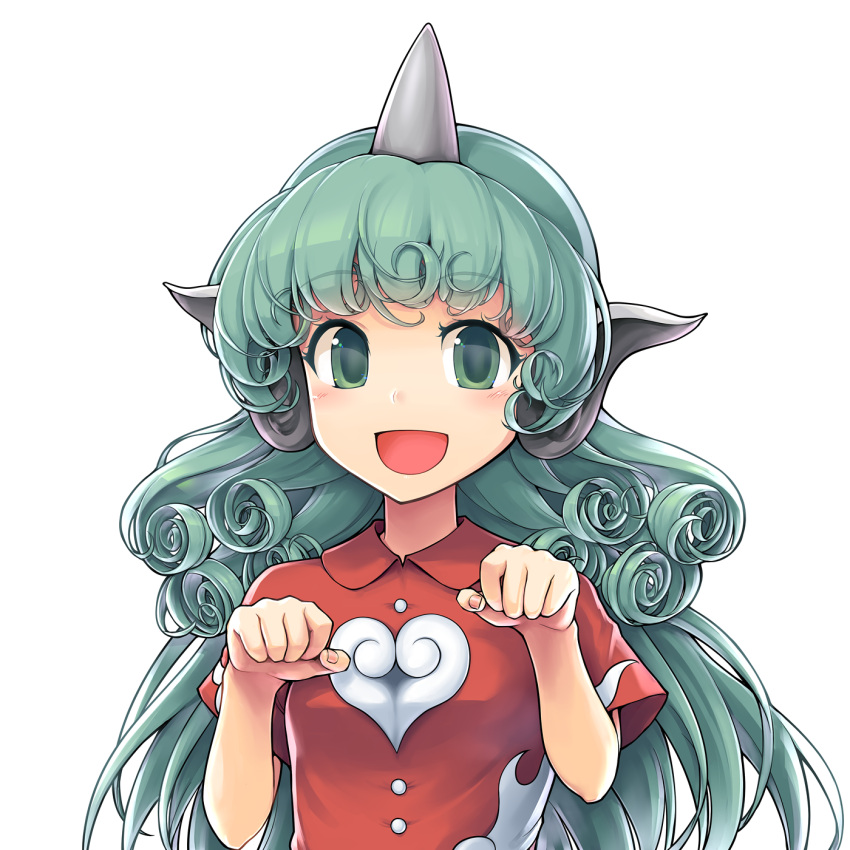 1girl :d bangs bent_elbows breasts buttons collared_shirt commentary_request curly_hair ears ebizome eyebrows_visible_through_hair eyelashes flame_print green_eyes green_hair heart heart_print highres horn kariyushi_shirt komano_aun light_blush looking_at_viewer open_mouth paw_pose red_shirt shirt short_sleeves simple_background small_breasts smile solo tareme touhou upper_body white_background