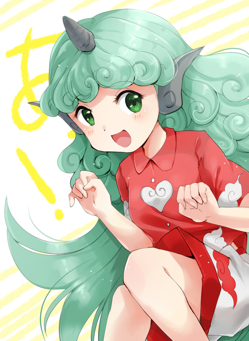 1girl :d blush curly_hair eyebrows_visible_through_hair feet_out_of_frame green_eyes green_hair hands_up highres horn kanonari kariyushi_shirt knees_together komano_aun long_hair looking_at_viewer open_mouth paw_pose red_shirt shirt short_sleeves shorts simple_background sitting smile solo striped striped_background touhou very_long_hair white_background wing_collar