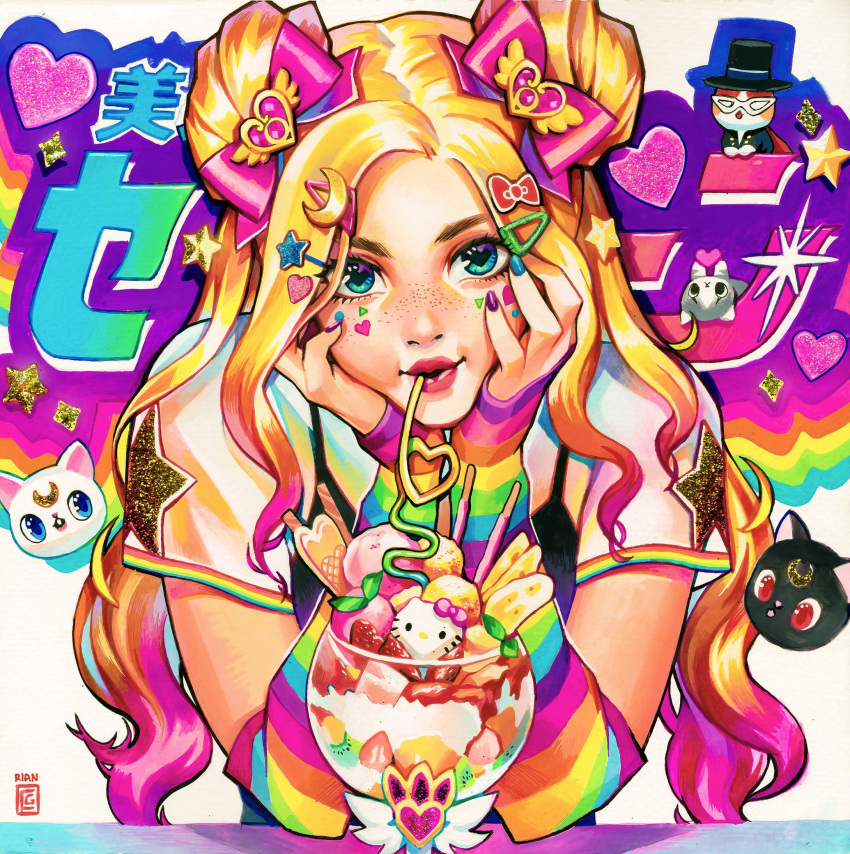 1girl artemis_(sailor_moon) bishoujo_senshi_sailor_moon blonde_hair blue_eyes blush bow cameo chin_rest commentary crazy_straw detached_sleeves double_bun drinking_straw english_commentary eyebrows food freckles hair_bow hair_ornament hairclip heart_straw hello_kitty highres ice_cream lips long_hair looking_at_viewer luna_(sailor_moon) nail_polish parfait rian_gonzales solo striped_sleeves traditional_media tsukino_usagi two_side_up