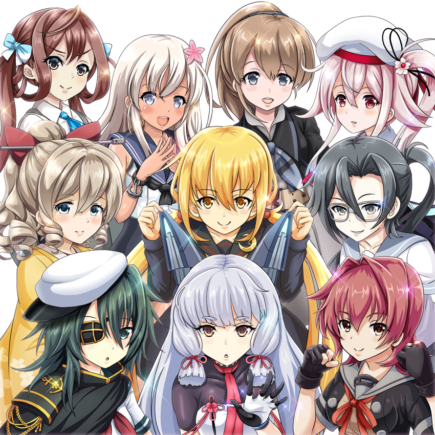 6+girls :d amagiri_(kantai_collection) asagumo_(kantai_collection) beret black_gloves black_hair blonde_hair blue_eyes bow brown_hair cape commentary_request curly_hair drill_hair eyepatch fingerless_gloves glasses gloves grey_eyes hair_bow hair_ribbon harusame_(kantai_collection) hat hatakaze_(kantai_collection) headgear highres intrepid_(kantai_collection) kantai_collection kinu_(kantai_collection) kiso_(kantai_collection) long_hair looking_at_viewer meiji_schoolgirl_uniform multiple_girls murakumo_(kantai_collection) open_mouth orange_eyes pink_hair ponytail redhead remodel_(kantai_collection) ribbon ro-500_(kantai_collection) satsuki_(kantai_collection) school_swimsuit school_uniform serafuku short_hair side_ponytail silver_hair simple_background smile sparkle swimsuit swimsuit_under_clothes tan tanline tk8d32 twintails white_background yellow_eyes