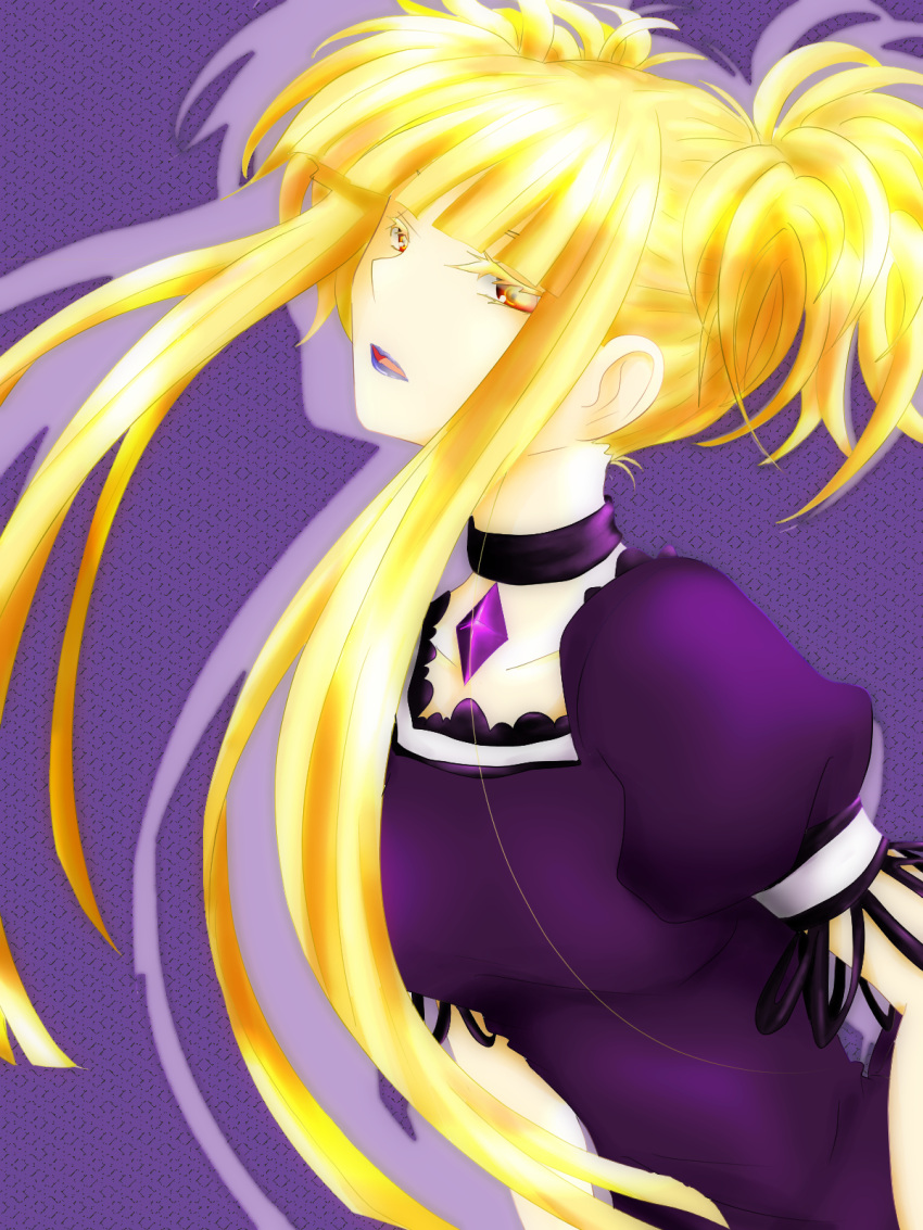 1girl aoki_hagane_no_arpeggio bangs blonde_hair blue_lipstick blunt_bangs brooch choker colored_eyelashes dress dutch_angle heru765 highres jewelry kongou_(aoki_hagane_no_arpeggio) leaning_back lips lipstick looking_at_viewer makeup parted_lips purple_background purple_dress red_eyes short_hair_with_long_locks short_sleeves sidelocks silhouette_layer solo two_side_up upper_body
