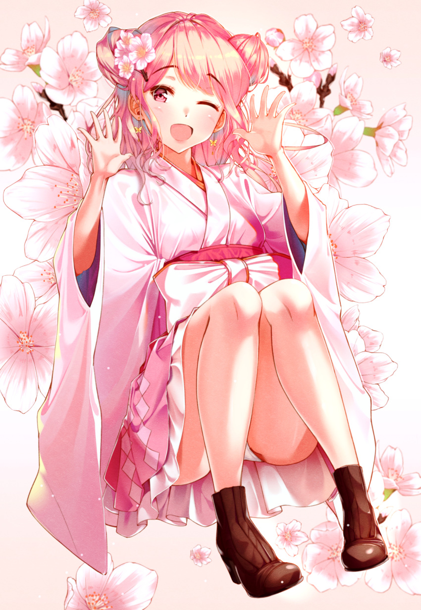 1girl ;d bang_dream! bangs brown_footwear cherry_blossoms double_bun flower full_body hair_flower hair_ornament hands_up highres japanese_clothes kimono long_hair maruyama_aya one_eye_closed open_mouth panties pantyshot pink_background pink_eyes pink_hair shide siro_joon sitting smile solo underwear white_panties wide_sleeves