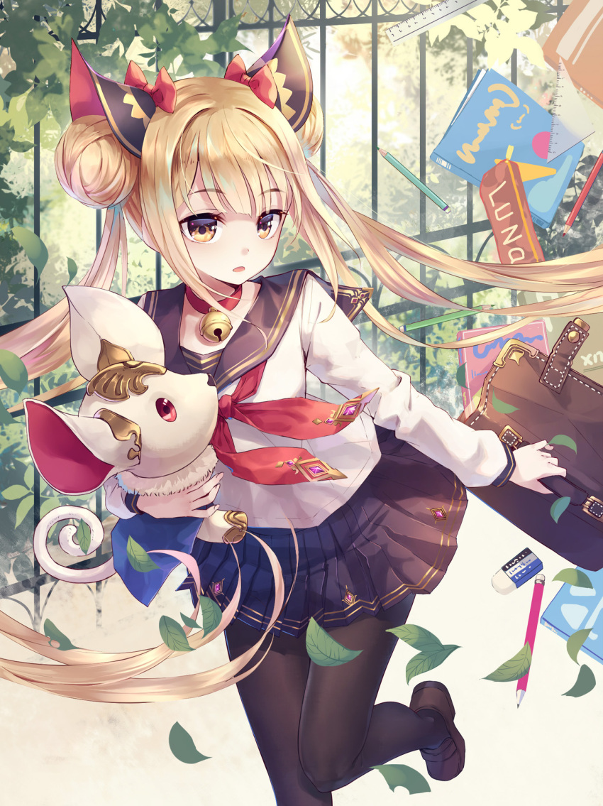 1girl bangs black_legwear black_skirt blonde_hair blush breasts commentary_request double_bun eyebrows_visible_through_hair hair_ornament highres holding long_hair long_sleeves looking_at_viewer luna_(shadowverse) neckerchief pleated_skirt school_uniform serafuku shadowverse skirt solo twintails very_long_hair wait yellow_eyes