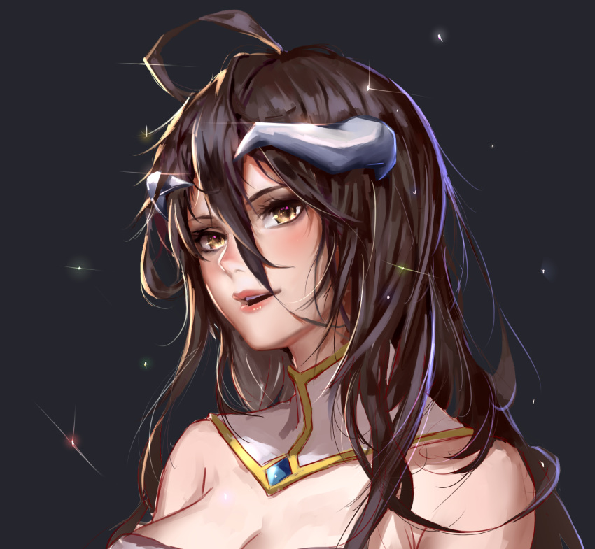 1girl :d ahoge albedo black_background black_hair breasts brown_eyes choker cleavage hair_between_eyes highres horns long_hair medium_breasts open_mouth overlord_(maruyama) pauld portrait simple_background smile solo sparkle strapless