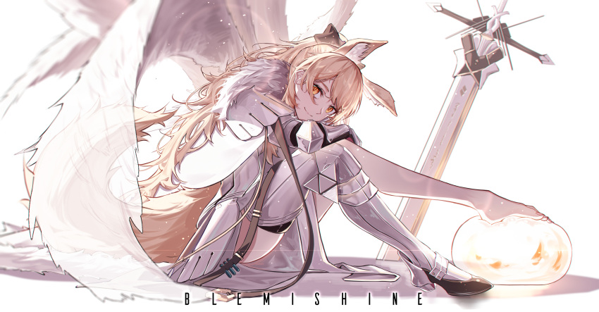 1girl absurdres animal_ear_fluff animal_ears arknights armor bare_legs barefoot blemishine_(arknights) blonde_hair breastplate extra_ears feet full_armor hickey highres horse_ears horse_girl horse_tail knight looking_at_viewer plate_armor sword tail thighs weapon yellow_eyes yellow_tail yuan_long