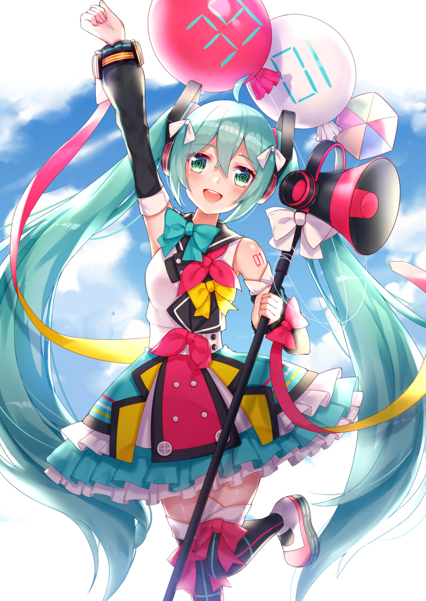 1girl :d absurdres ahoge arm_up balloon bangs bare_shoulders black_legwear black_sailor_collar blue_bow blue_sky blush bow clouds commentary_request day detached_sleeves eyebrows_visible_through_hair green_eyes green_hair hair_between_eyes hair_ribbon hatsune_miku highres holding long_hair long_sleeves magical_mirai_(vocaloid) megaphone neckerchief open_mouth outdoors pink_neckwear puffy_long_sleeves puffy_sleeves red_balloon ribbon sailor_collar school_uniform serafuku shirt shoes sidelocks skirt sky sleeveless sleeveless_shirt sll smile solo standing standing_on_one_leg thigh-highs twintails upper_teeth uwabaki very_long_hair vocaloid white_footwear white_ribbon white_shirt white_skirt yellow_bow