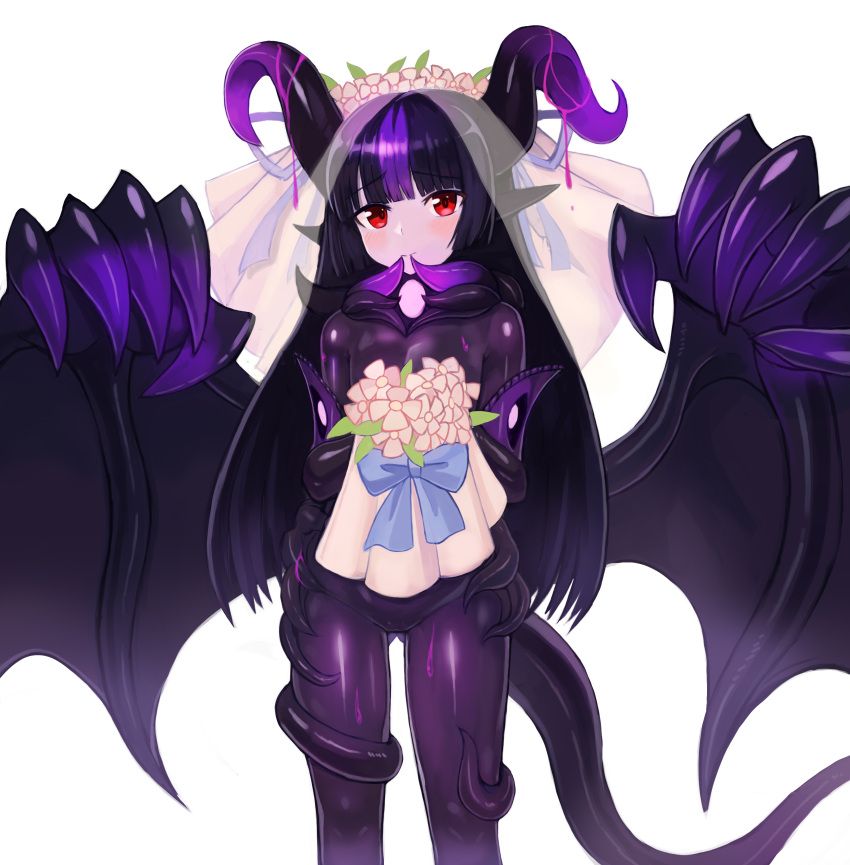 1girl absurdres bangs black_hair blunt_bangs blush bouquet bridal_veil commentary commission demon_girl english_commentary flower gluteal_fold highres horns long_hair looking_at_viewer monster_girl monster_girl_encyclopedia multicolored_hair night_gaunt_(monster_girl_encyclopedia) pointy_ears purple_hair red_eyes simple_background solo sookmo streaked_hair tail two-tone_hair veil white_background wings