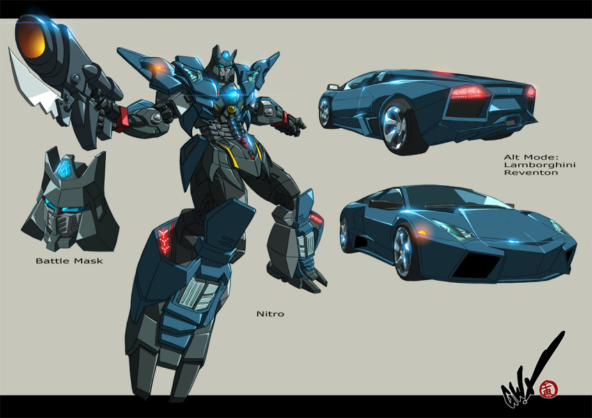 bayonet beam_gun blade car commentary crossover energy_gun epic glowing ground_vehicle k.i.t.t knight_rider lamborghini_reventon lens_flare light mask mecha motor_vehicle multiple_views ray_gun redesign robot science_fiction shiny signature transformers weapon