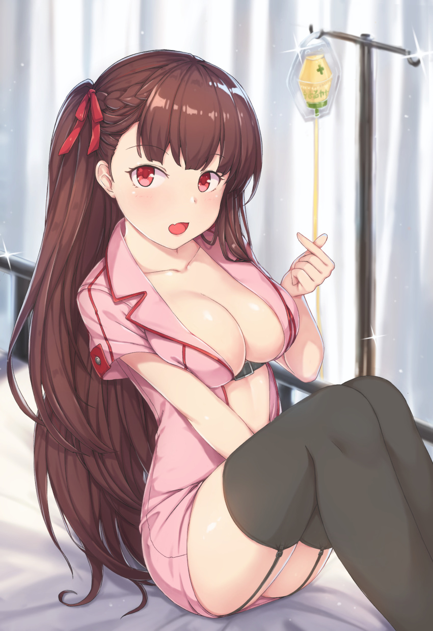 1girl :o absurdres alternate_costume bangs black_legwear blunt_bangs braid breasts brown_hair center_opening cleavage collarbone curtains dress eyebrows_visible_through_hair feet_out_of_frame french_braid girls_frontline glint hair_ribbon hallohi hand_up highres indoors intravenous_drip knees_together_feet_apart knees_up large_breasts long_hair looking_at_viewer nurse on_bed one_side_up open_mouth pink_dress red_eyes red_ribbon ribbon shiny shiny_hair shiny_skin short_dress short_sleeves sitting solo straight_hair underbust very_long_hair wa2000_(girls_frontline) white_hair