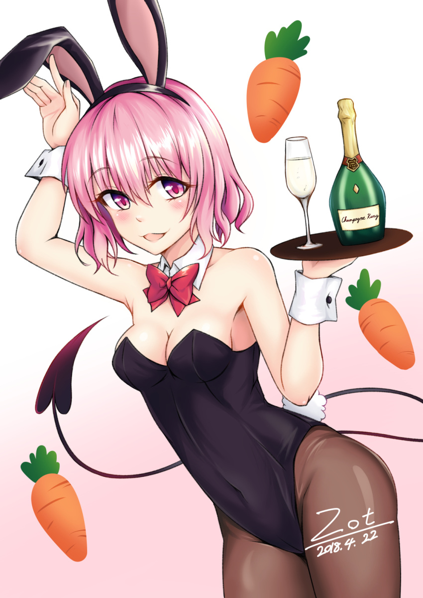 1girl animal_ears black_leotard bottle bow bowtie breasts brown_legwear bunny_girl bunny_tail bunnysuit carrot cup demon_tail detached_collar drinking_glass gradient gradient_background highres leotard looking_at_viewer momo_velia_deviluke pantyhose pink_background pink_eyes pink_hair playboy_bunny_leotard rabbit_ears red_neckwear short_hair small_breasts solo tail to_love-ru to_love-ru_darkness tray wine_glass wrist_cuffs zeroonethousand