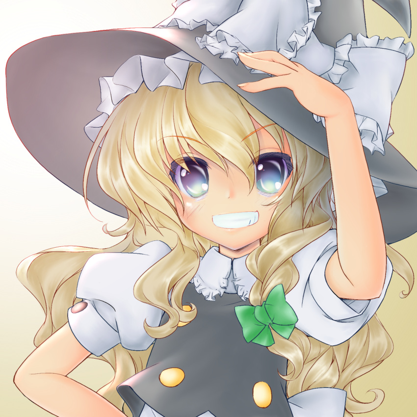 1girl :d arm_up bent_elbow black_eyes black_hat black_vest blonde_hair bow braid buttons collared_shirt commentary_request eyebrows_visible_through_hair eyes_visible_through_hair fingernails frilled_bow frilled_shirt_collar frills gradient gradient_background green_ribbon grin hair_ribbon hand_on_headwear hat hat_bow highres ijoan kirisame_marisa long_hair looking_at_viewer nose open_mouth parted_lips ribbon shirt side_braid single_braid smile solo tan_background touhou upper_body vest white_background white_bow white_shirt witch_hat