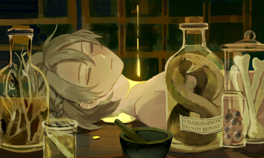 1boy albedo_(genshin_impact) artist_name braid closed_eyes closed_mouth commentary_request crown_braid genshin_impact indoors jar light_brown_hair male_focus mamonsinon nude pestle short_hair sleeping snake upper_body