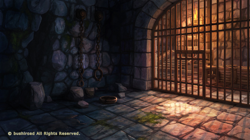 bars bowl chains chair company_name crate cuffs door dungeon fantasy granadia_saga hole_in_wall indoors moss no_humans official_art prison puddle rock scenery shackles shadow shiki_makoto stairs stone_floor stone_wall torch wall watermark