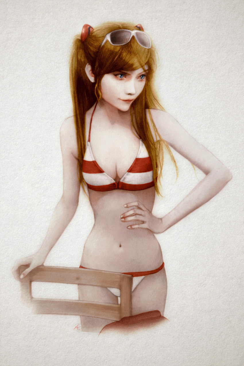 1girl absurdres bikini breasts chair cleavage elemile eyewear_on_head graphite_(medium) hand_on_hip highres looking_away neon_genesis_evangelion realistic signature solo souryuu_asuka_langley swimsuit traditional_media