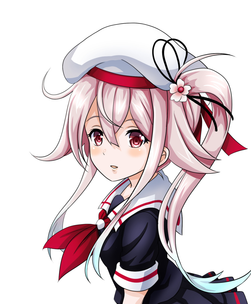 1girl beret black_serafuku gradient_hair harusame_(kantai_collection) hat highres kantai_collection long_hair looking_at_viewer multicolored_hair parted_lips pink_eyes pink_hair pleated_skirt school_uniform serafuku side_ponytail simple_background skirt smile solo tk8d32 white_background