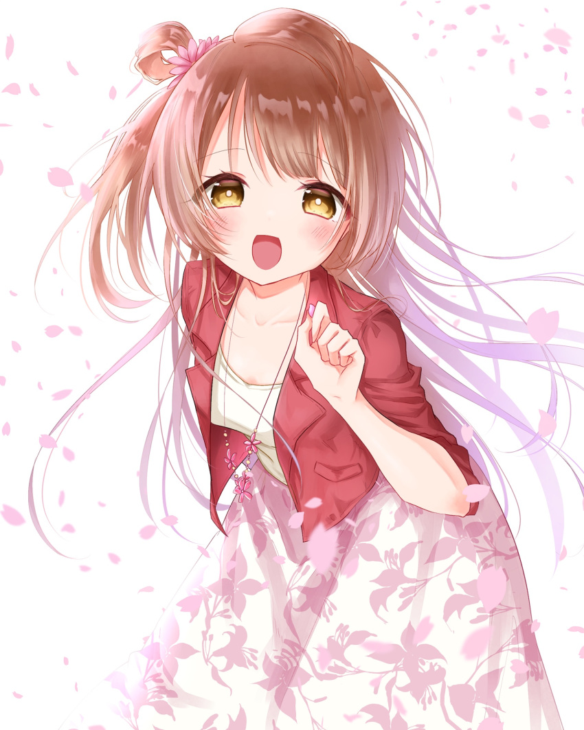 1girl :d bangs blush brown_hair cherry_blossoms collarbone commentary_request floral_print flower flower_necklace hair_flower hair_ornament highres jacket jewelry kishikino leaning_forward long_hair looking_at_viewer love_live! love_live!_school_idol_project minami_kotori necklace one_side_up open_mouth petals print_skirt red_jacket shirt skirt smile solo white_shirt yellow_eyes