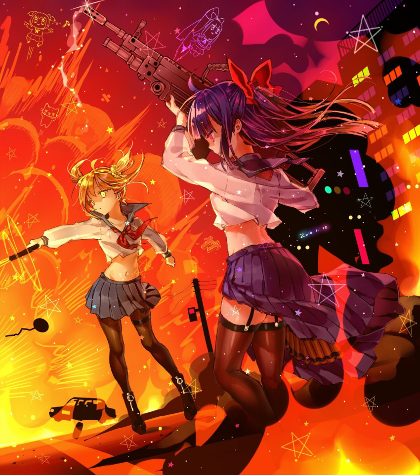 2girls black_footwear black_legwear blonde_hair blue_hair blue_skirt bow collarbone eyebrows_visible_through_hair firing floating_hair garter_straps garters groin gun hair_bow highres holding holding_gun holding_weapon jiinyo_(awamoe1207) long_hair midriff miniskirt moon multiple_girls navel night outdoors pantyhose pipimi pleated_skirt poptepipic popuko purple_skirt red_bow red_eyes red_neckwear rifle school_uniform serafuku shirt shoes skirt standing stomach thigh-highs two_side_up weapon white_shirt