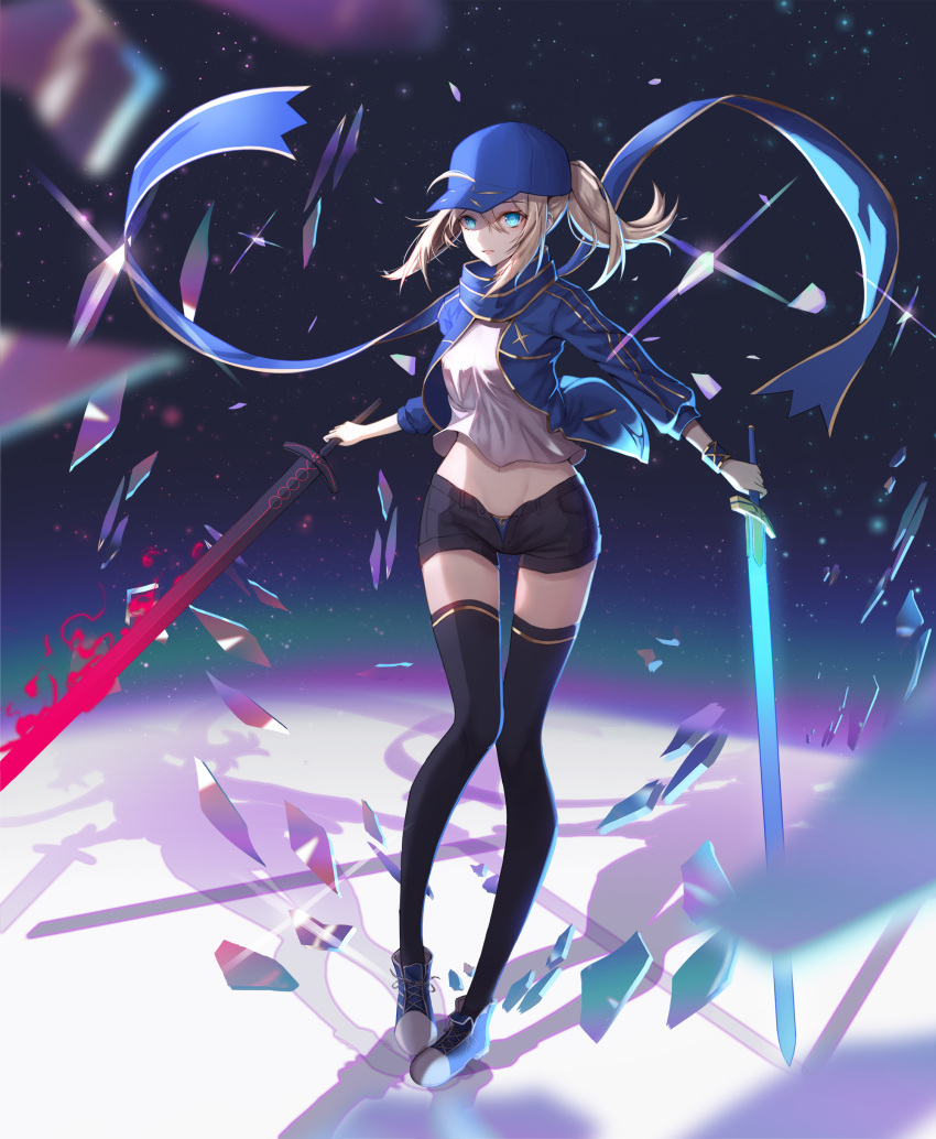 1girl absurdres ahoge artoria_pendragon_(all) bangs baseball_cap black_legwear blonde_hair blue_eyes boots commentary_request dark_excalibur dual_wielding excalibur fate/grand_order fate_(series) full_body hair_between_eyes hat highres holding holding_sword holding_weapon jacket long_hair long_legs looking_at_viewer mysterious_heroine_x navel nebu_(pixiv22443854) open_clothes open_jacket open_shorts ponytail shadow short_shorts shorts sidelocks solo standing sword thigh-highs weapon
