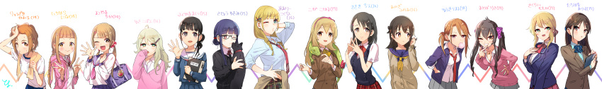 6+girls absurdres ahoge alternate_hair_length alternate_hairstyle black_hair blonde_hair blush breasts brown_eyes brown_hair character_request closed_mouth commentary_request green_eyes highres idolmaster idolmaster_cinderella_girls large_breasts long_hair long_image long_sleeves looking_at_viewer matoba_risa morikubo_nono multiple_girls older open_mouth orange_hair sasaki_chie school_uniform serafuku short_hair smile tachibana_arisu toyosaka upper_body violet_eyes wide_image yellow_eyes yusa_kozue yuuki_haru