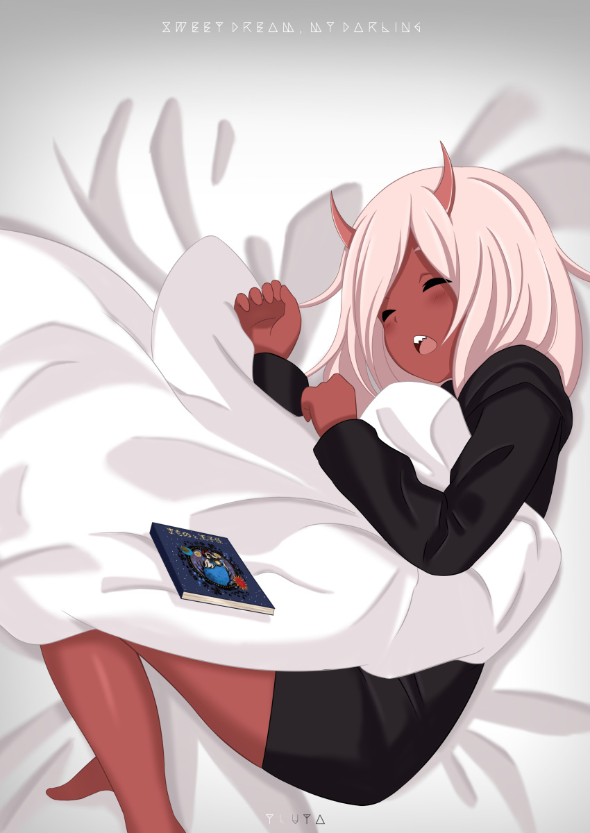 1girl absurdres black_cloak blanket book closed_eyes commentary darling_in_the_franxx highres horns lying on_back open_mouth red_skin silver_hair sleeping solo yuuta_(yuuta0312) zero_two_(darling_in_the_franxx)