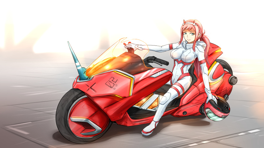 1girl akira anomonny aqua_eyes biker_clothes bikesuit bodysuit breasts commentary darling_in_the_franxx ground_vehicle hairband helmet highres holding holding_helmet looking_at_viewer motor_vehicle motorcycle pink_hair ponytail sitting sitting_on_motorcycle skin_tight solo white_bodysuit white_hairband zero_two_(darling_in_the_franxx)