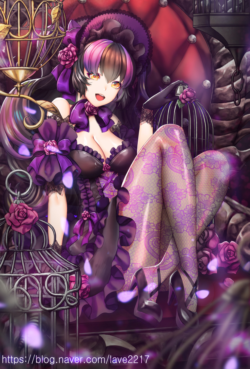 1girl :d absurdres black_dress black_footwear black_gloves black_hair bow bowtie breasts cleavage dress fishnet_pantyhose fishnets floral_print flower frilled_dress frills gloves hair_flower hair_ornament hair_ribbon hat high_heels highres large_breasts layered_dress lolita_fashion long_hair multicolored_hair open_mouth pantyhose petals pink_flower pink_hair pink_hat purple_bow purple_neckwear purple_ribbon ribbon shiny shiny_clothes sitting smile solo twintails two-tone_hair watermark web_address yellow_eyes