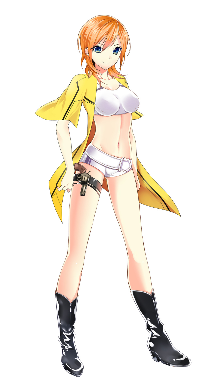 1girl black_footwear blue_eyes boots breasts breasts_apart cleavage collarbone crop_top eyebrows_visible_through_hair full_body groin hair_between_eyes highres holster kansen_shoujo_(game) large_breasts long_hair looking_at_viewer midriff navel orange_hair short_shorts shorts simple_background smile solo standing stomach thigh_holster white_background white_shorts
