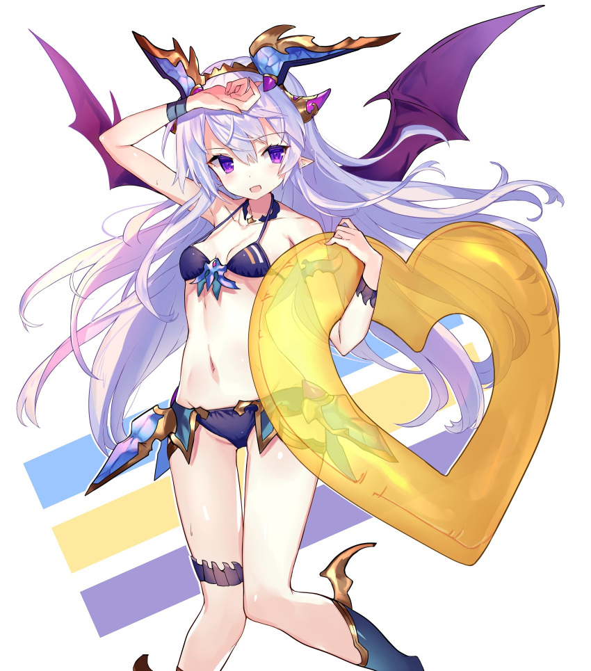 1girl abusoru arm_up bikini breasts hair_ornament halter_top halterneck heart highres innertube long_hair looking_at_viewer navel pointy_ears purple_hair simple_background small_breasts smile solo standing stomach sweat swimsuit very_long_hair violet_eyes white_background wings