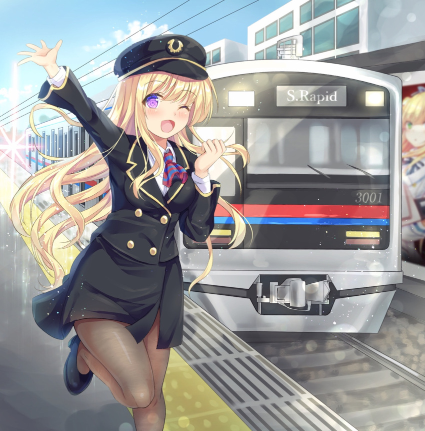 1girl ;d arm_up ascot bangs black_footwear black_hat black_jacket black_skirt blonde_hair blue_sky blush brown_legwear building clouds collared_shirt commentary_request day eyebrows_visible_through_hair ground_vehicle hair_between_eyes hand_up hat high_heels highres jacket long_hair long_sleeves looking_at_viewer nagare_yoshimi one_eye_closed open_mouth original outdoors outstretched_arm overhead_line pantyhose peaked_cap railroad_tracks shirt shoes skirt sky smile solo standing standing_on_one_leg striped_neckwear train train_conductor train_station train_station_platform uniform very_long_hair violet_eyes white_shirt