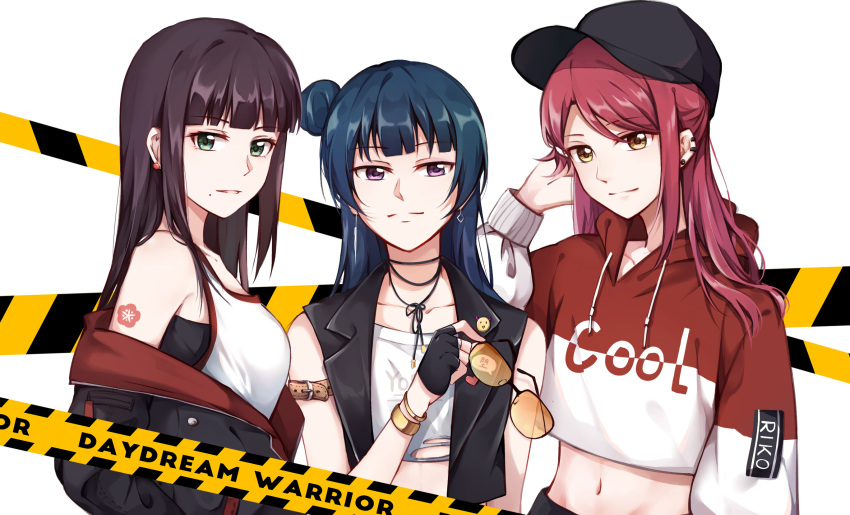 3girls arm_belt badge bangs baseball_cap black_gloves black_hair black_hat black_vest blue_hair bracelet brown_eyes button_badge caution_tape character_name clothes_writing commentary_request crop_top cropped_jacket drawstring earrings eyewear_removed fingerless_gloves flower_tattoo gemi_25 gloves green_eyes hair_ornament hairclip half_updo hand_in_hair hat highres jewelry kurosawa_dia long_hair long_sleeves looking_at_viewer love_live! love_live!_sunshine!! midriff mole mole_under_mouth multiple_girls navel necklace off_shoulder redhead sakurauchi_riko shoulder_tattoo side_bun song_name sunglasses tattoo tsushima_yoshiko upper_body vest violet_eyes