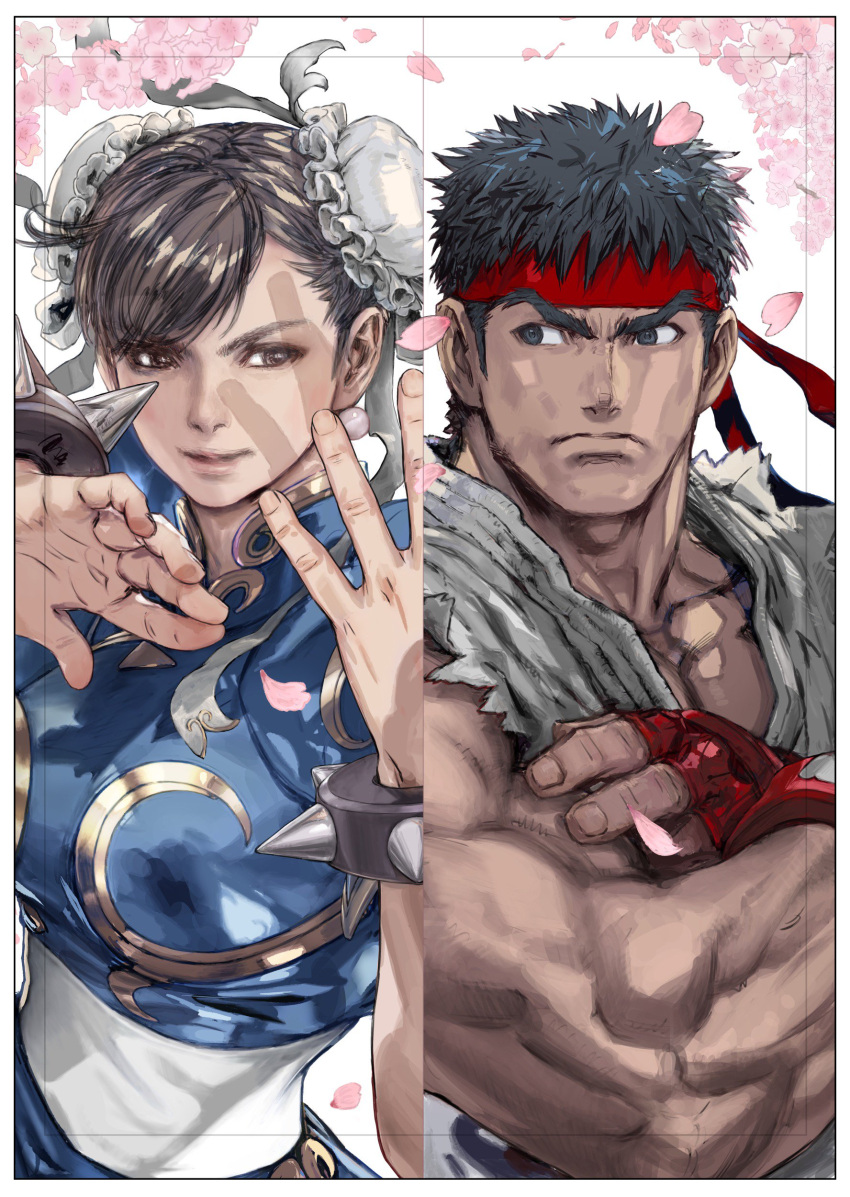 1boy 1girl absurdres black_hair blue_dress bracelet breasts brown_eyes brown_hair bun_cover capcom cherry_blossoms china_dress chinese_clothes chun-li collarbone crossed_arms dark_skin double_bun dress earrings female fighting_stance fingerless_gloves frills gloves headband highres jewelry looking_to_the_side muscle puffy_sleeves ryuu_(street_fighter) shadow shiny side-by-side spiked_bracelet spikes street_fighter street_fighter_iv_(series) street_fighter_v thick_eyebrows upper_body yasuda_akira