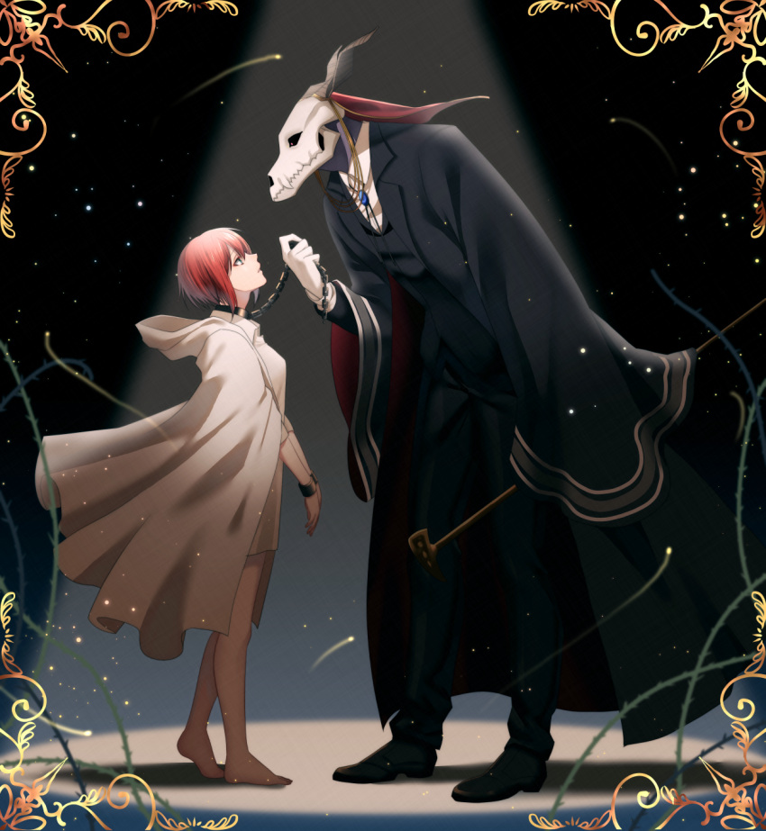 1boy 1girl barefoot black_cape black_jacket black_pants cape chains cuffs dress ellias_ainsworth eye_contact from_side full_body green_eyes handcuffs hatori_chise highres holding jacket looking_at_another mahou_tsukai_no_yome maka pants parted_lips red_eyes shirt short_dress skull standing white_cape white_dress white_shirt