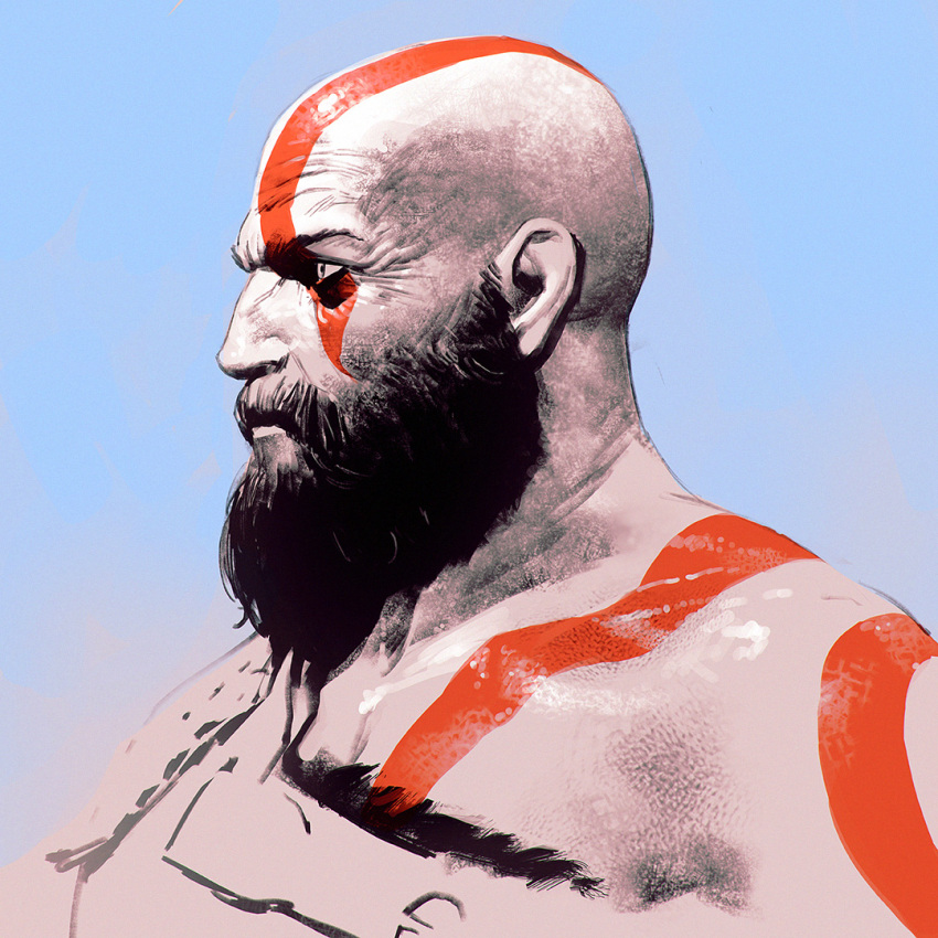 1boy bald beard bodypaint facial_hair god_of_war gradient gradient_background ilya_kuvshinov kratos male_focus pale_skin profile solo tattoo upper_body