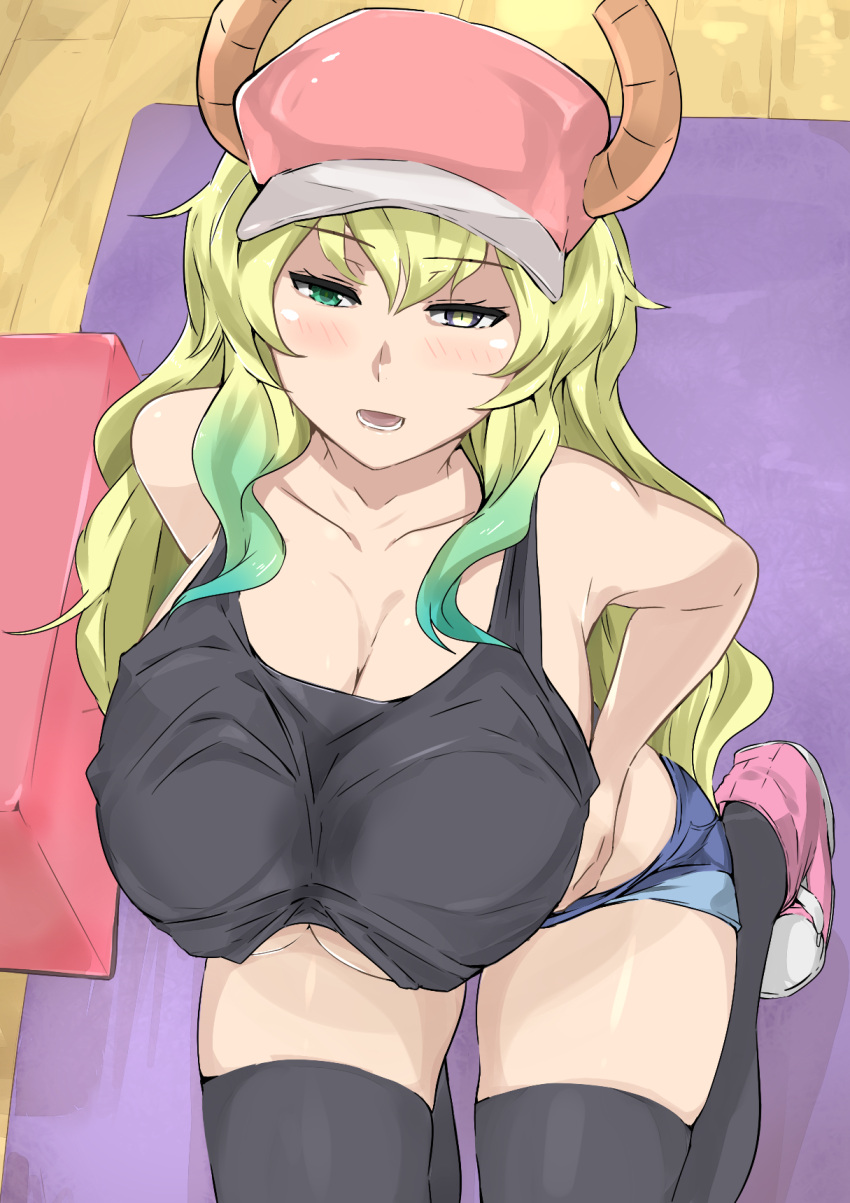 1girl :d bare_shoulders baseball_cap black_eyes black_legwear black_tank_top blue_shorts blush breast_hold breasts cafekun cleavage denim denim_shorts dragon_girl dragon_horns from_above green_eyes green_hair hat heterochromia highres horns huge_breasts kneeling kobayashi-san_chi_no_maidragon long_hair looking_at_viewer multicolored multicolored_eyes multicolored_hair open_mouth pink_footwear pink_hat quetzalcoatl_(maidragon) short_shorts shorts slit_pupils smile solo tank_top thigh-highs wavy_hair yellow_pupils