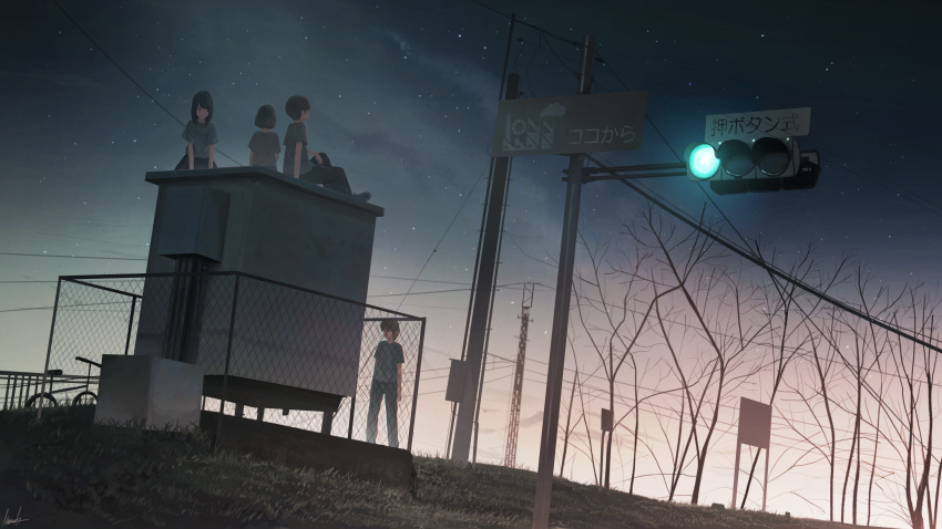 2boys 2girls absurdres banishment bicycle brown_hair clouds cloudy_sky commentary_request fence grey_shirt ground_vehicle highres multiple_boys multiple_girls original outdoors scenery shirt short_hair short_sleeves sky standing star_(sky) starry_sky sunset traffic_light tree