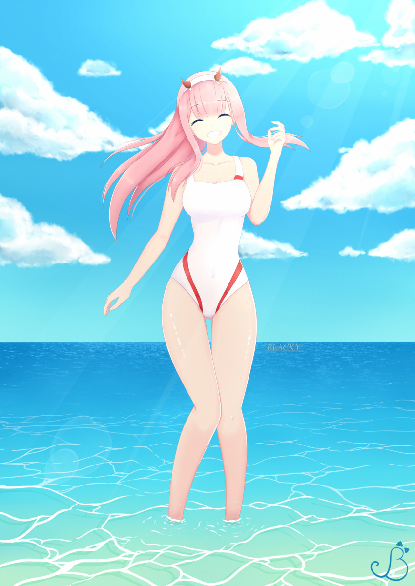1girl artist_name blacky_xiii closed_eyes clouds cloudy_sky collarbone darling_in_the_franxx eyebrows_visible_through_hair hairband highres horns long_hair ocean pink_hair sky smile solo swimsuit white_hairband white_swimsuit zero_two_(darling_in_the_franxx)