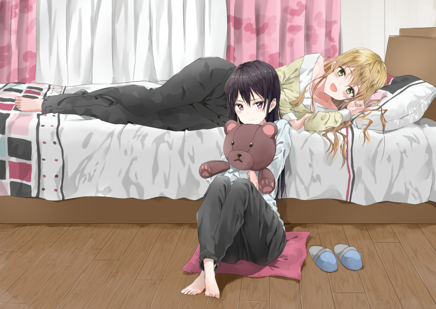 2girls :d absurdres aihara_mei aihara_yuzu barefoot bed bedroom black_hair black_pants blonde_hair citrus_(saburouta) collarbone eyebrows_visible_through_hair fujisaki_ribbon green_eyes grey_shirt hair_between_eyes highres indoors long_hair looking_at_viewer lying multiple_girls object_hug on_side open_mouth pants shirt sitting smile stuffed_animal stuffed_toy teddy_bear violet_eyes wooden_floor