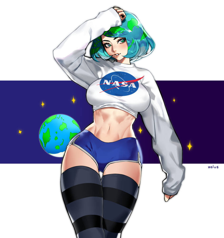 1girl absurdres aqua_hair arm_up baggy_clothes blue_shorts breasts cropped_sweater earth earth-chan freckles green_eyes green_hair hand_on_head highres large_breasts looking_at_viewer looking_to_the_side midriff multicolored_hair nasa nasa_logo navel original short_shorts shorts space star stomach sweater thigh-highs two-tone_hair universe white_sweater zelus