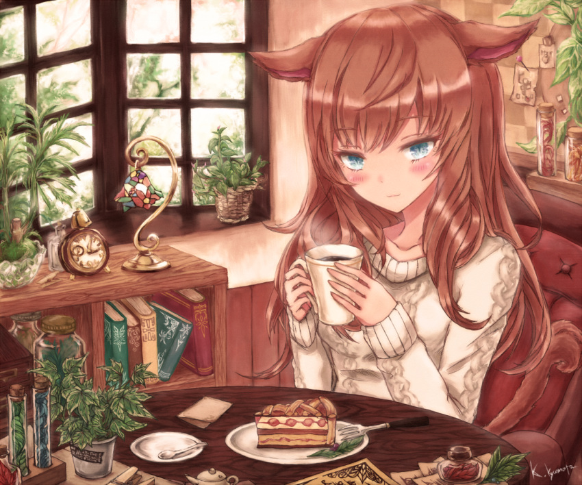 1girl :3 animal_ears bangs blunt_bangs blush book bookshelf cake cat_ears cat_tail chair clock coffee_mug collarbone creamer_(vessel) cup day desk_lamp eyebrows_visible_through_hair file_cabinet food fork holding holding_cup indoors kyuumoto_kuku lamp long_hair long_sleeves looking_at_viewer menu mug original plant plate potted_plant redhead restaurant signature silver_hair sitting slit_pupils solo spoon sweater table tail test_tube white_sweater window