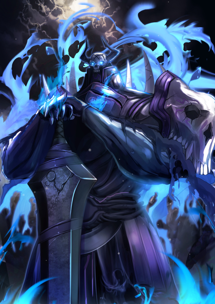 1boy armor aura black_cloak blue_eyes clouds cloudy_sky crack fate/grand_order fate_(series) full_armor gauntlets glowing glowing_eyes hands_on_hilt helmet highres horned_helmet horns king_hassan_(fate/grand_order) light_trail looking_at_viewer male_focus outdoors pauldrons skull_mask sky solo spikes standing sword teeth torn_clothes untsue weapon