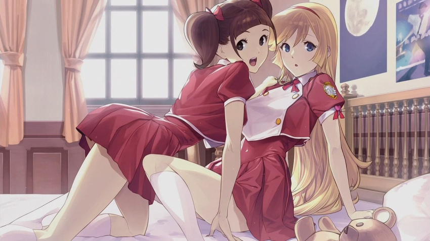 2girls all_fours android ass blonde_hair blue_eyes bow breasts brown_eyes brown_hair cutie_honey_universe dress hair_bow hairband implied_yuri kisaragi_honey large_breasts legs long_hair looking_at_viewer medium_breasts miniskirt multiple_girls official_art red_dress school_uniform skirt stuffed_animal stuffed_toy teddy_bear twintails white_legwear
