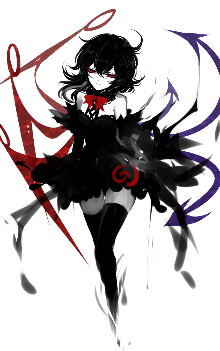 1girl absurdres adapted_costume asymmetrical_wings bare_shoulders black_dress black_hair black_legwear bow breasts cropped_legs detached_sleeves dress eyebrows_visible_through_hair hair_between_eyes highres houjuu_nue limited_palette long_sleeves neck_bow red_bow red_eyes red_neckwear sheya short_dress short_hair simple_background small_breasts smile solo spot_color thigh-highs touhou white_background wide_sleeves wings zettai_ryouiki