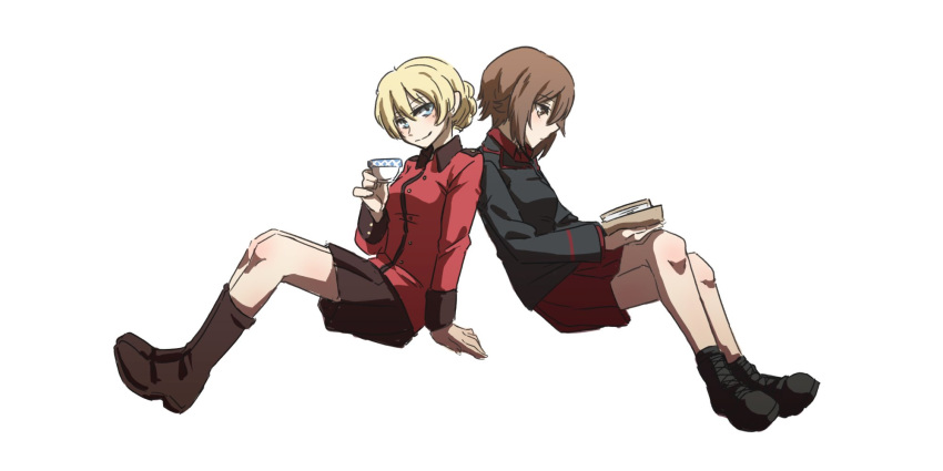 ankle_boots arm_support back-to-back bangs black_footwear black_jacket black_legwear black_skirt blonde_hair blue_eyes book boots braid closed_mouth commentary cross-laced_footwear cup darjeeling dress_shirt epaulettes eyebrows_visible_through_hair from_side girls_und_panzer highres holding holding_book holding_cup invisible_chair jacket kuromorimine_military_uniform lace-up_boots lamen3000 leaning_back light_frown long_sleeves looking_at_viewer military military_uniform miniskirt nishizumi_maho pleated_skirt red_jacket red_shirt red_skirt shirt short_hair sitting skirt smile socks st._gloriana's_military_uniform teacup tied_hair twin_braids uniform