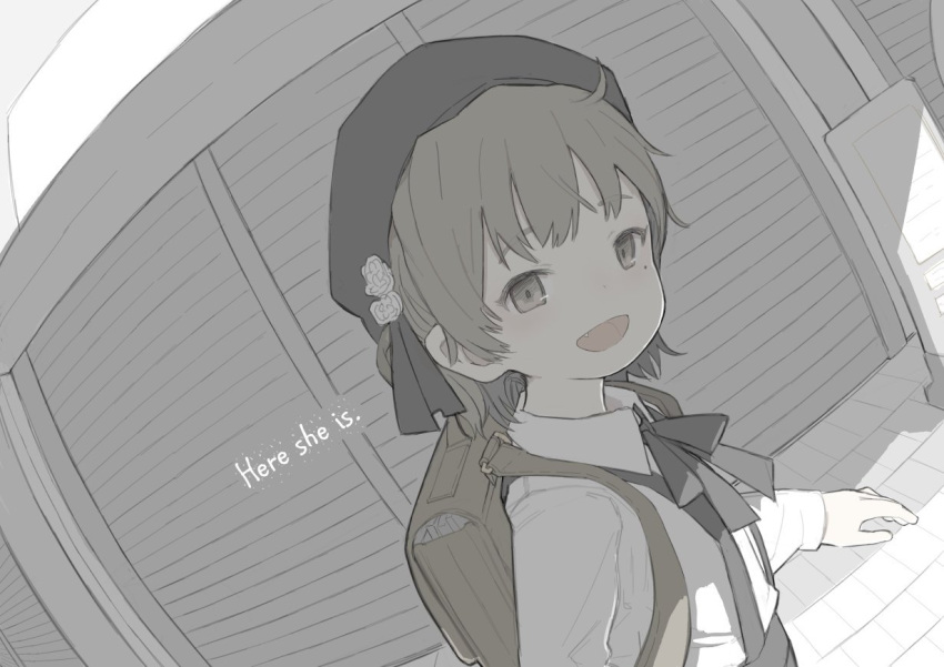 1girl backpack bag blush brown_eyes brown_hair eyebrows_visible_through_hair fang hatoba_tsugu hatoba_tsugu_(character) limited_palette looking_at_viewer open_mouth short_hair smile solo walkalone