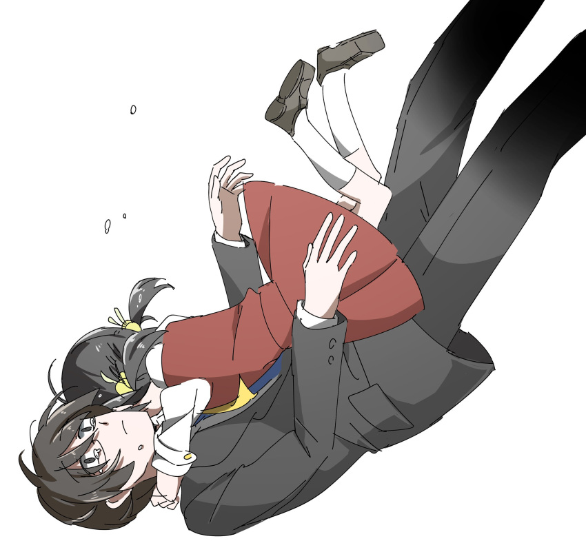 1boy 1girl black_eyes black_hair dress empty_eyes falling formal glasses highres hiyama_kiyoteru kaai_yuki kneehighs red_dress school_uniform short_twintails simple_background socks suit tears twintails vocaloid white_background white_legwear