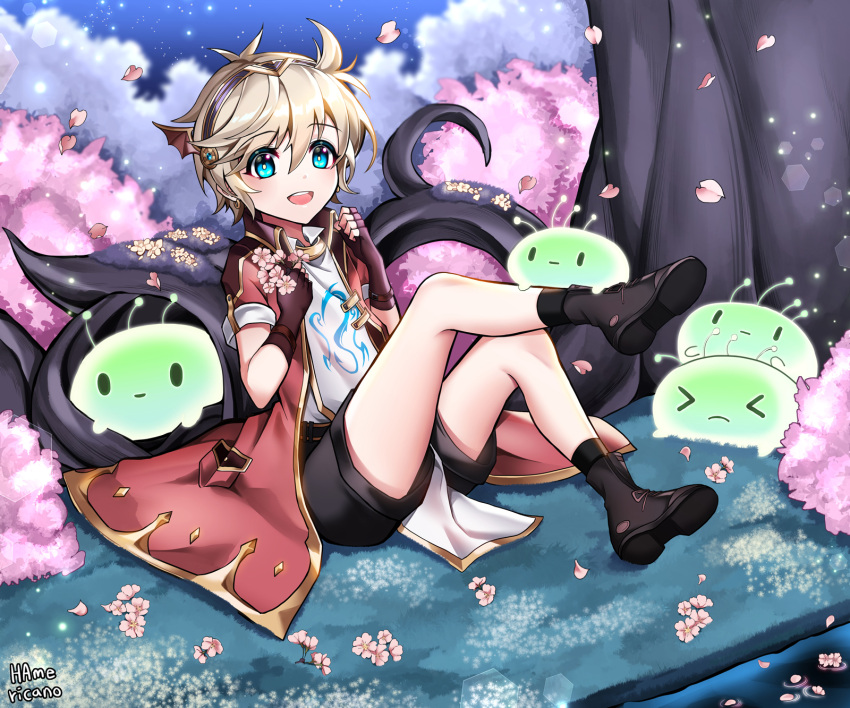 &gt;_&lt; 1boy :d artist_name black_footwear black_gloves black_shorts blue_eyes cherry_blossoms day earrings fingerless_gloves gloves hairband hamericano highres jacket jewelry looking_at_viewer male_focus maplestory open_mouth outdoors petals red_jacket shorts sitting smile solo tree