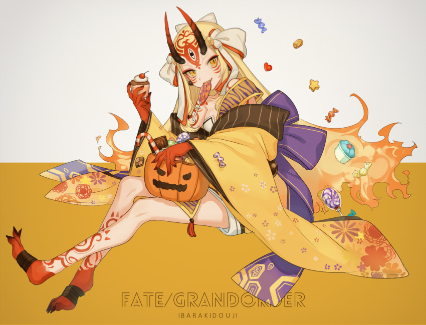 1girl asuda bare_legs bare_shoulders blonde_hair breasts brown_eyes candy candy_cane candy_wrapper character_name closed_mouth copyright_name cupcake facial_mark fate/grand_order fate_(series) floral_print food food_in_mouth forehead_mark grey_background hair_ornament halloween_basket head_tilt heart horns ibaraki_douji_(fate/grand_order) japanese_clothes kimono lollipop long_hair long_sleeves looking_at_viewer medium_breasts mouth_hold off_shoulder oni oni_horns orange_background print_kimono sharp_teeth short_kimono shoulder_tattoo sitting smile solo star swirl_lollipop tattoo teeth two-tone_background very_long_hair wide_sleeves yellow_kimono