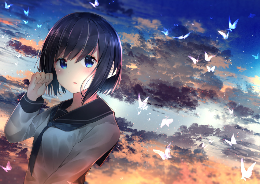 1girl bangs black_hair black_neckwear black_sailor_collar blue_eyes blue_sky blush bug butterfly clouds cloudy_sky commentary_request dutch_angle eyebrows_visible_through_hair grey_shirt hair_between_eyes insect looking_at_viewer necktie neku_(neku_draw) original outdoors parted_lips sailor_collar school_uniform serafuku shirt sky solo sunset