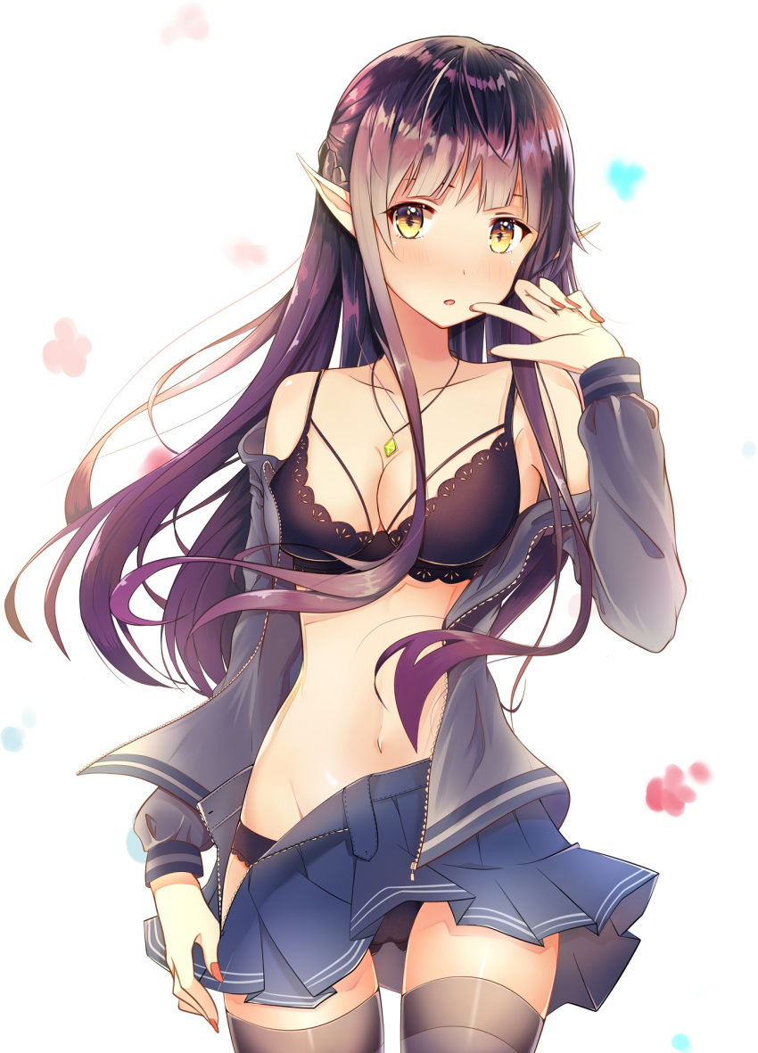 1girl bangs black_legwear blue_skirt blush breasts cleavage cowboy_shot elf guanghe_zuoyong_de_de_yezi hand_up highres hood hoodie index_finger_raised jacket long_hair looking_at_viewer medium_breasts miniskirt nail_polish navel nose_blush open_clothes open_hoodie open_jacket original parted_lips pleated_skirt pointy_ears purple_hair red_nails shiny shiny_hair skirt solo thigh-highs unzipped yellow_eyes