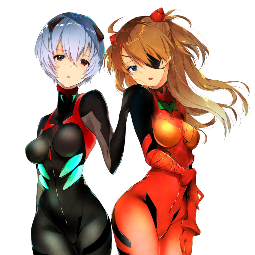 2girls absurdres ayanami_rei bangs blue_eyes bodysuit breasts brown_hair cowboy_shot eyepatch hair_ornament hand_on_shoulder hekiki_riyo highres itasha long_hair looking_at_viewer multiple_girls neon_genesis_evangelion open_mouth pilot_suit plugsuit red_eyes short_hair small_breasts souryuu_asuka_langley standing